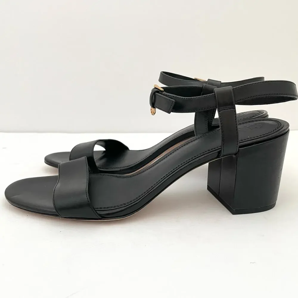 Tory Burch Black Leather Block Heel Sandals with Gold Buckle